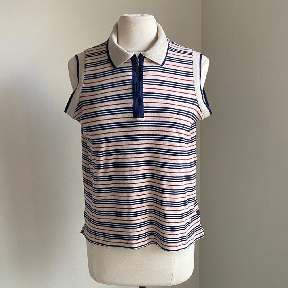 VINTAGE CATALINA Striped Sleeveless Polo Shirt Womens Sz Medium Knit Tan Navy